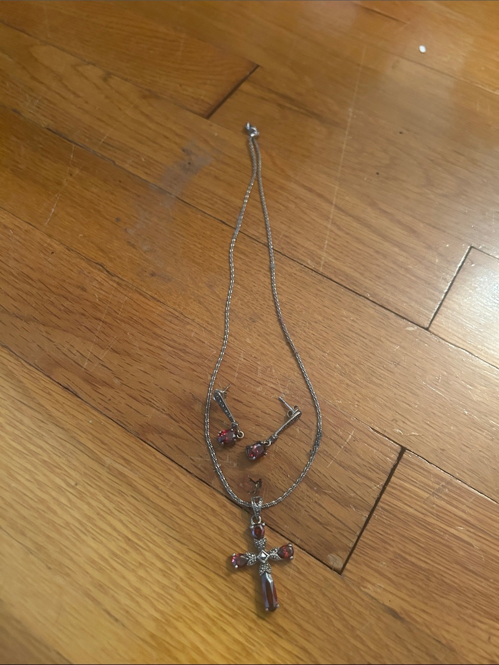Brighton Silver Cross Necklace and Red Stone Earrings Set